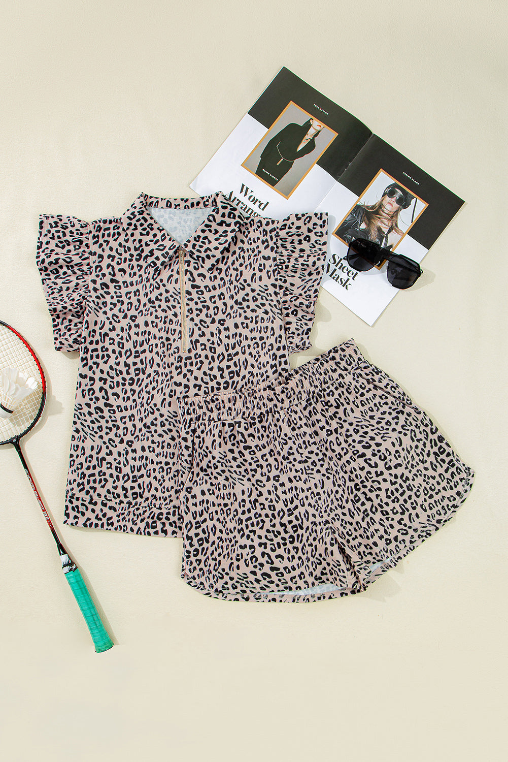 Leopard Half Zipper Collared Ruffled Sleeve Top and Short Set