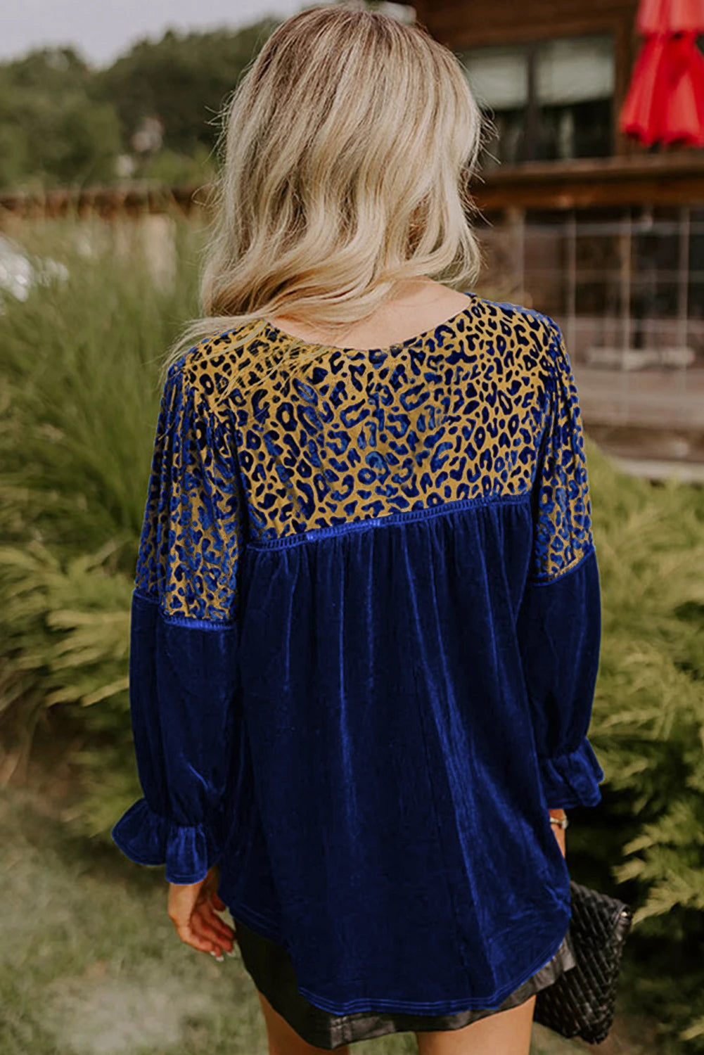 Shoulder Flounce Sleeve Velvet Blouse