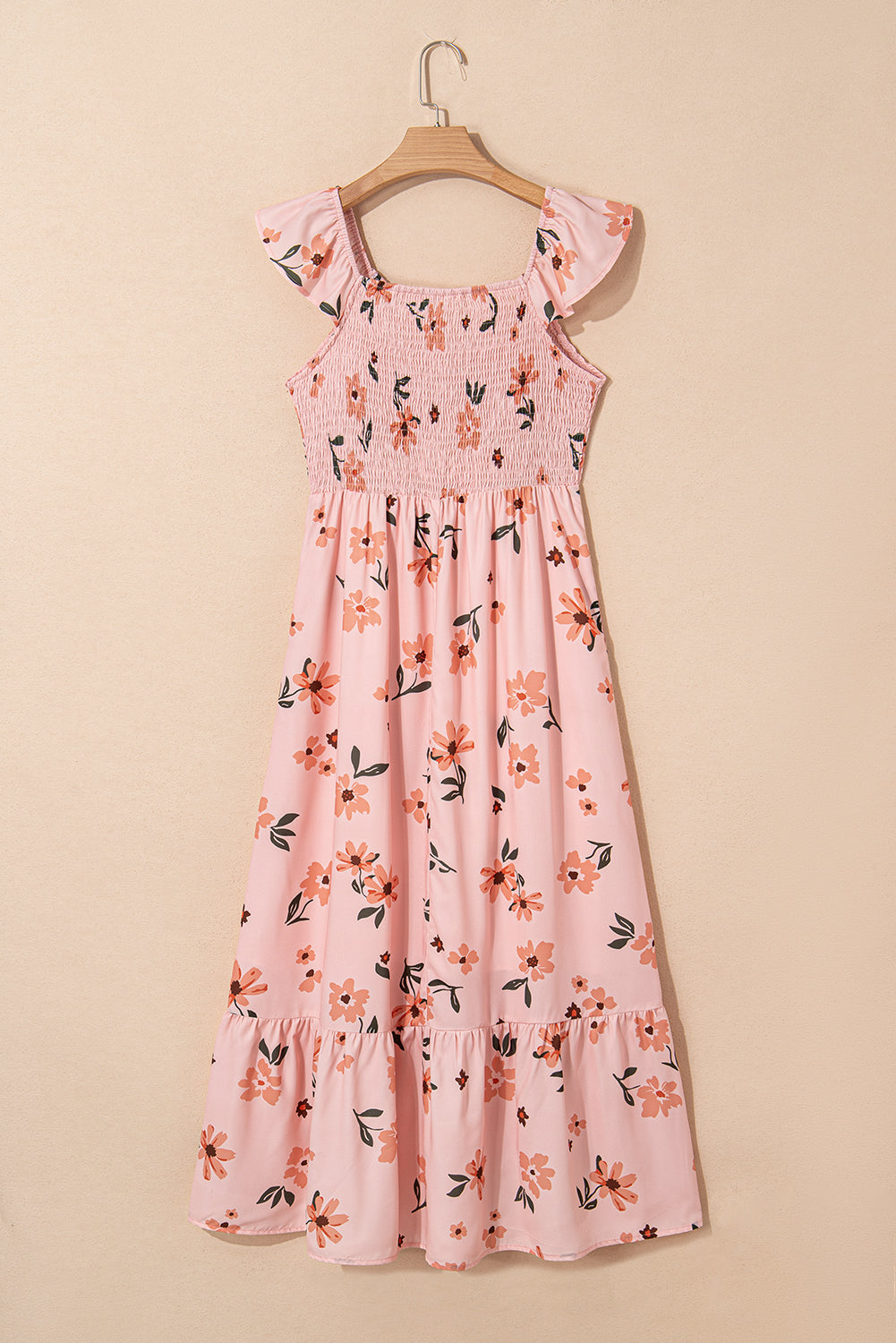 V Neck Flutter Sleeve Smocked Bodice High Waist Ruffle Maxi Dress