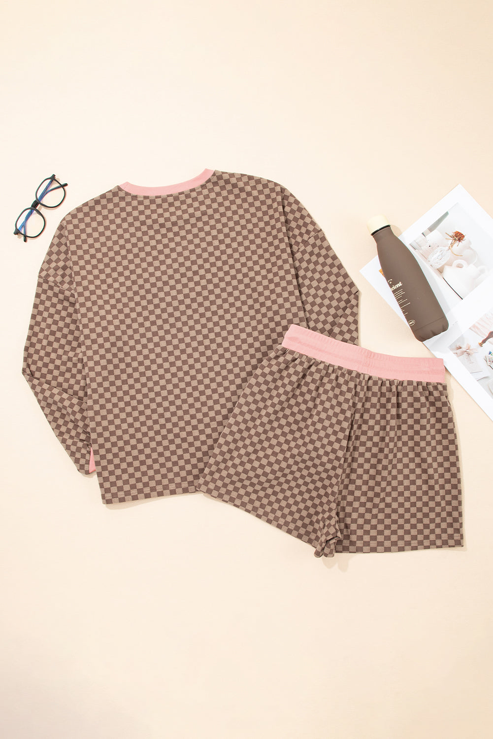 Checkerboard Long Sleeve Pullover and Shorts Set
