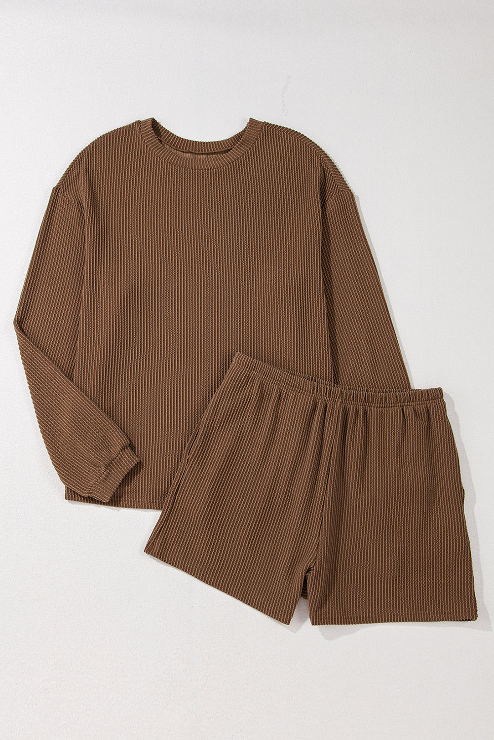 Corded Knit Long Sleeve Top and High Waist Shorts Set