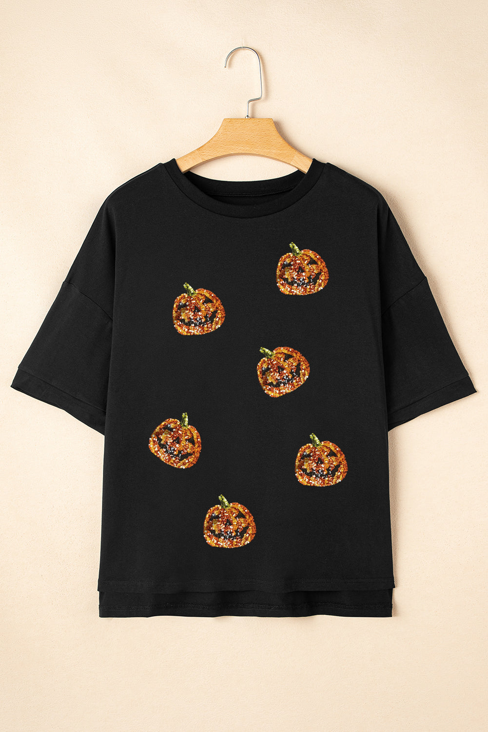 Sequin Jack-o-lantern Pattern Halloween Casual Tee