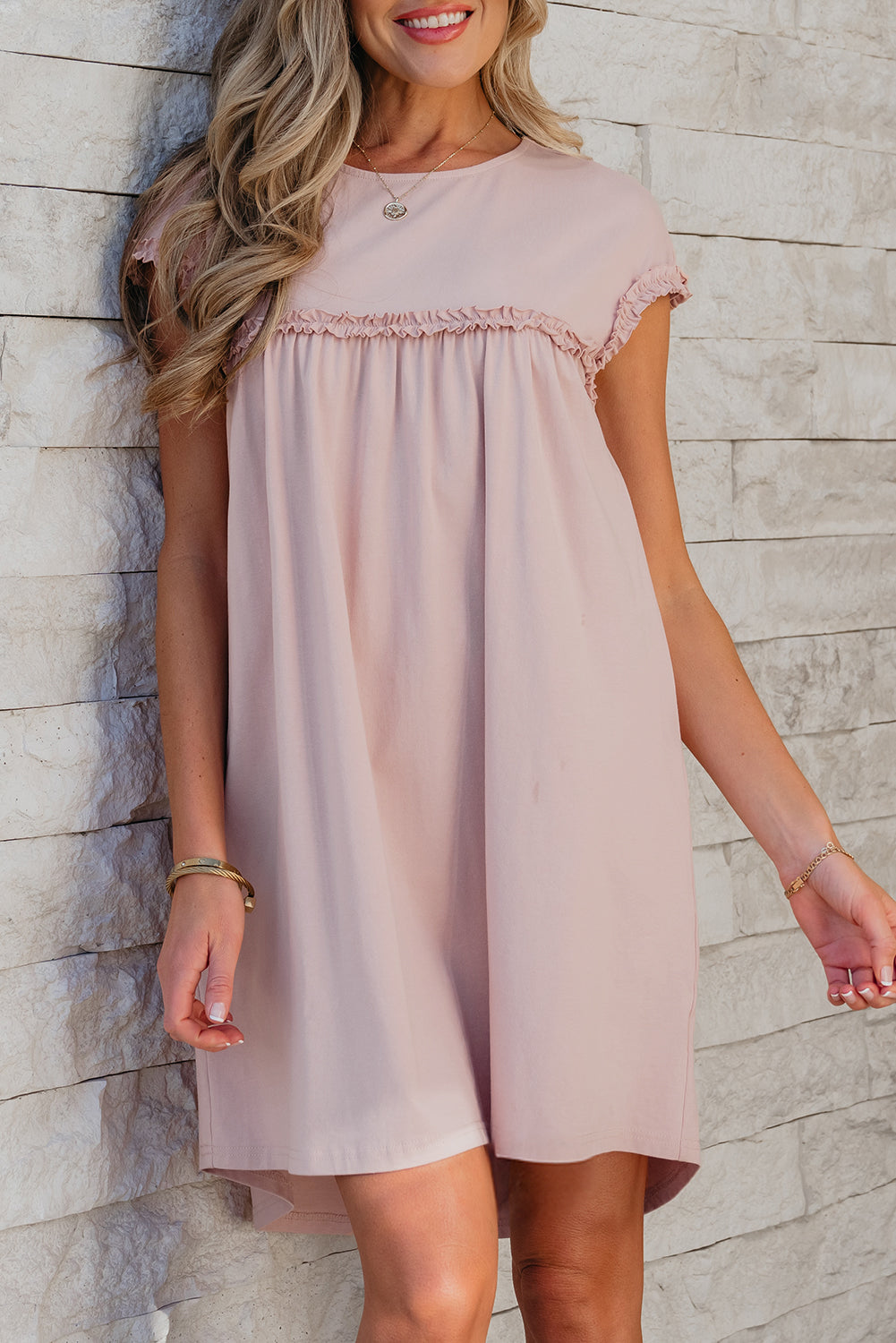 Frilled Trim Crew Neck Loose Fit Mini Dress