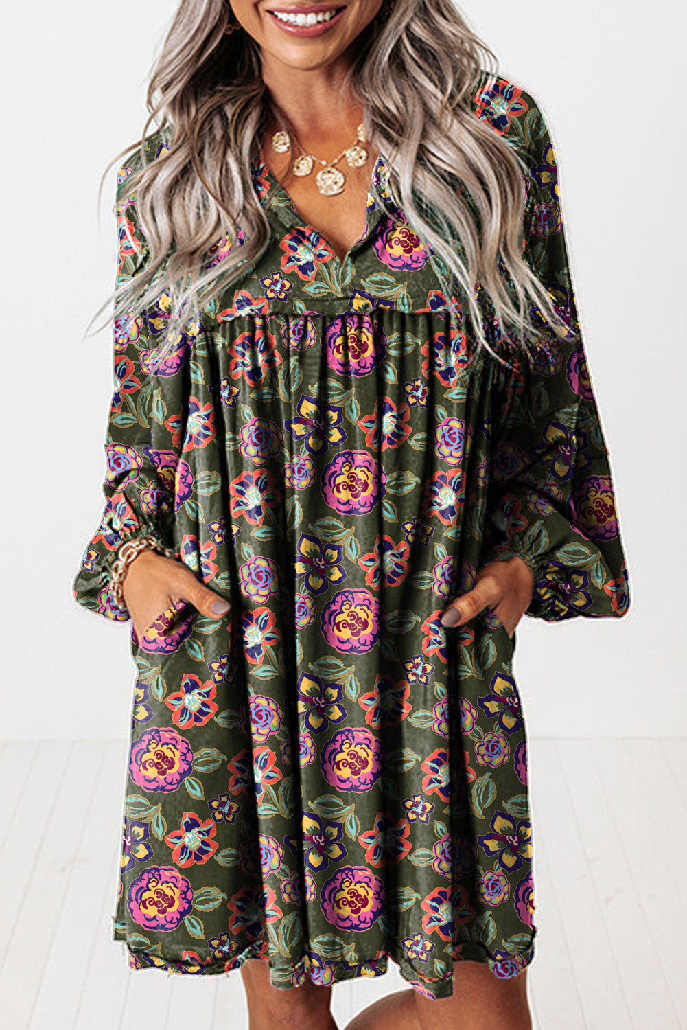 Floral Print Split Neck Bubble Sleeve Shift Mini Dress