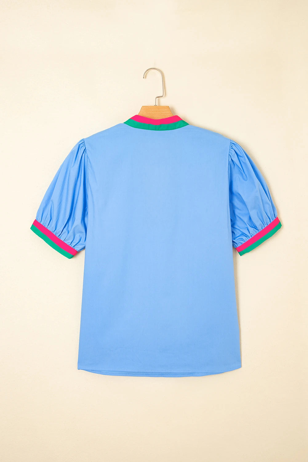 Puff Sleeve Pop of Color Neckline Blouse