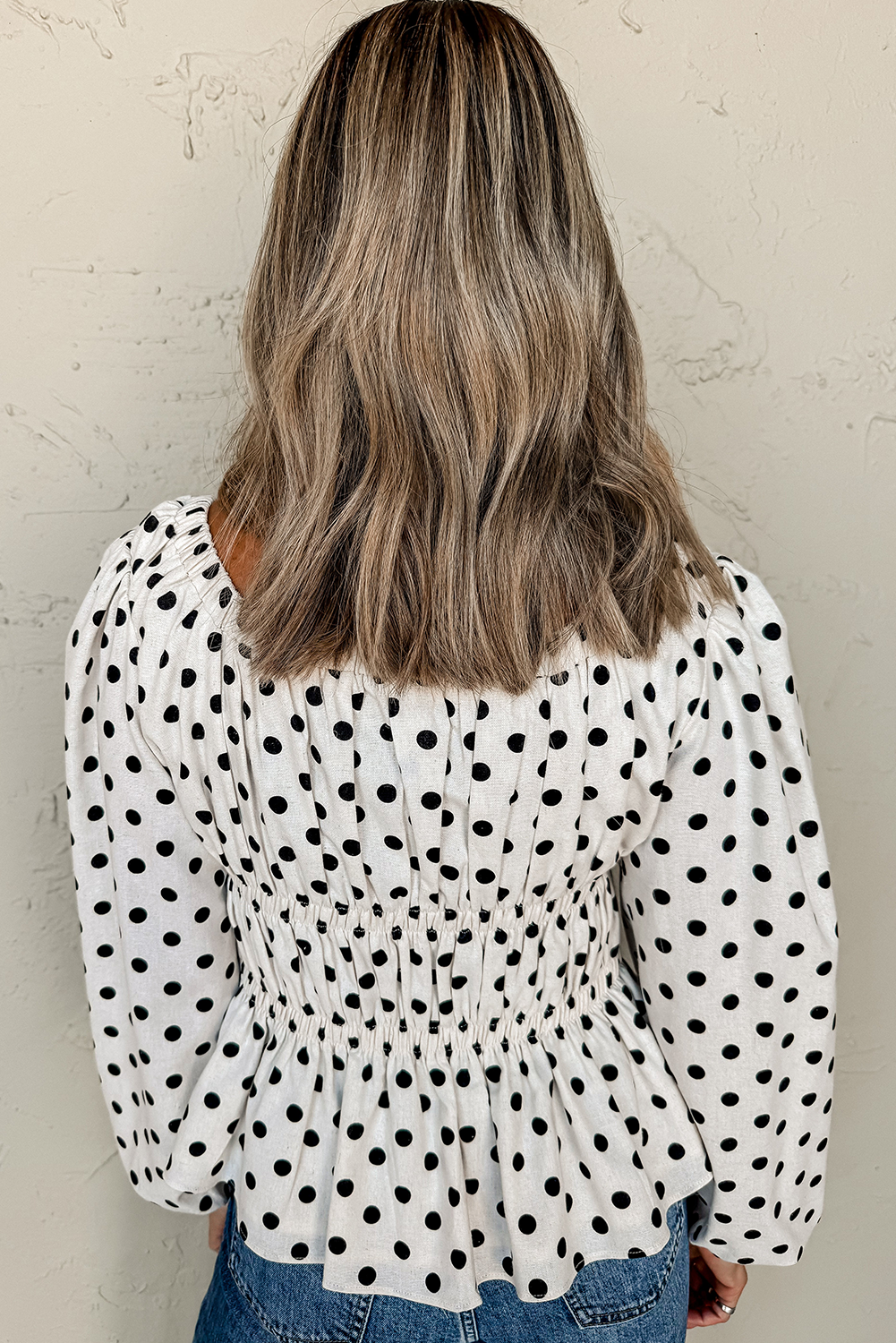 Polka Dot Puff Sleeve Bow Square Neck Peplum Top
