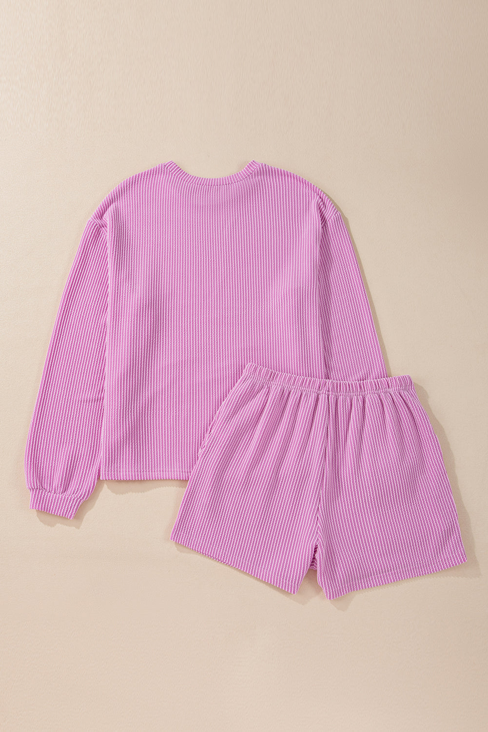 Corded Knit Long Sleeve Top and High Waist Shorts Set