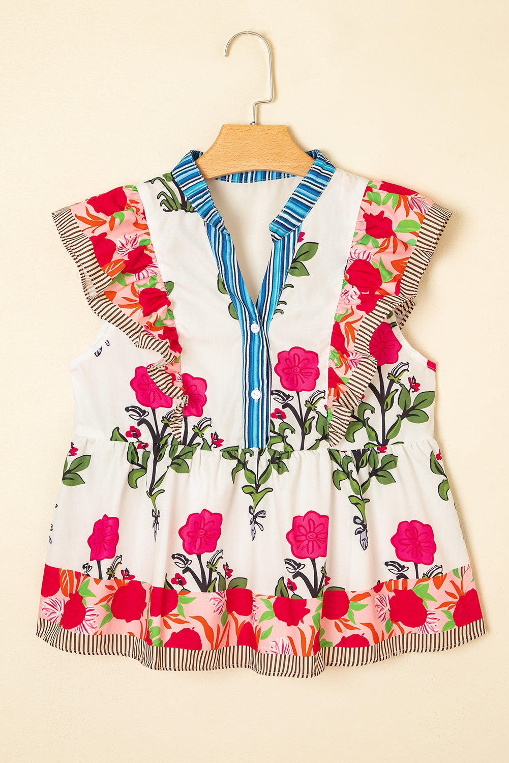 Floral Print Tie Neck Striped Detail Flutter Sleeve Blouse