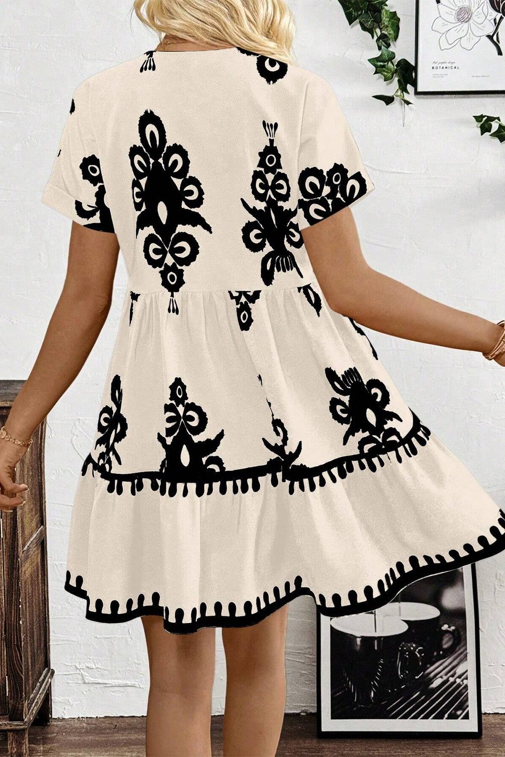 Vintage Print V Neck High Waist Short Sleeve Dress