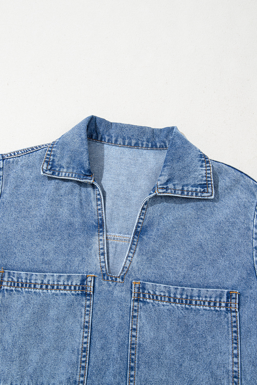 Short Sleeve Collared Patched Pocket Denim Mini Dress