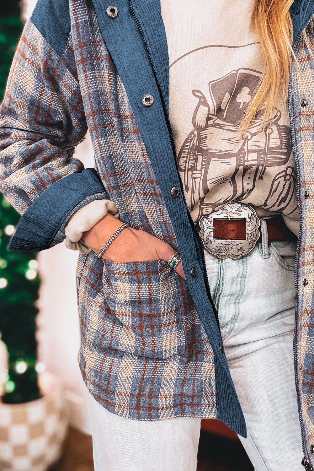 Plaid Corduroy Patchwork Collared Zip Up Snap Button Jacket