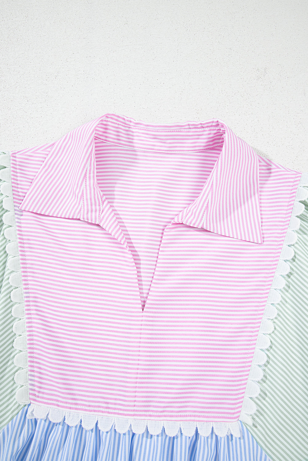 Striped Patchwork Ric Rac Puff Sleeve Collared Mini Dress