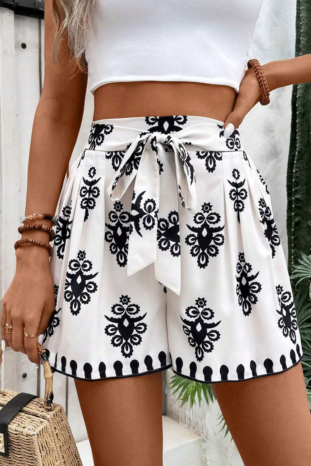 Tribal Geometric Print Belted High Waist Casual Shorts