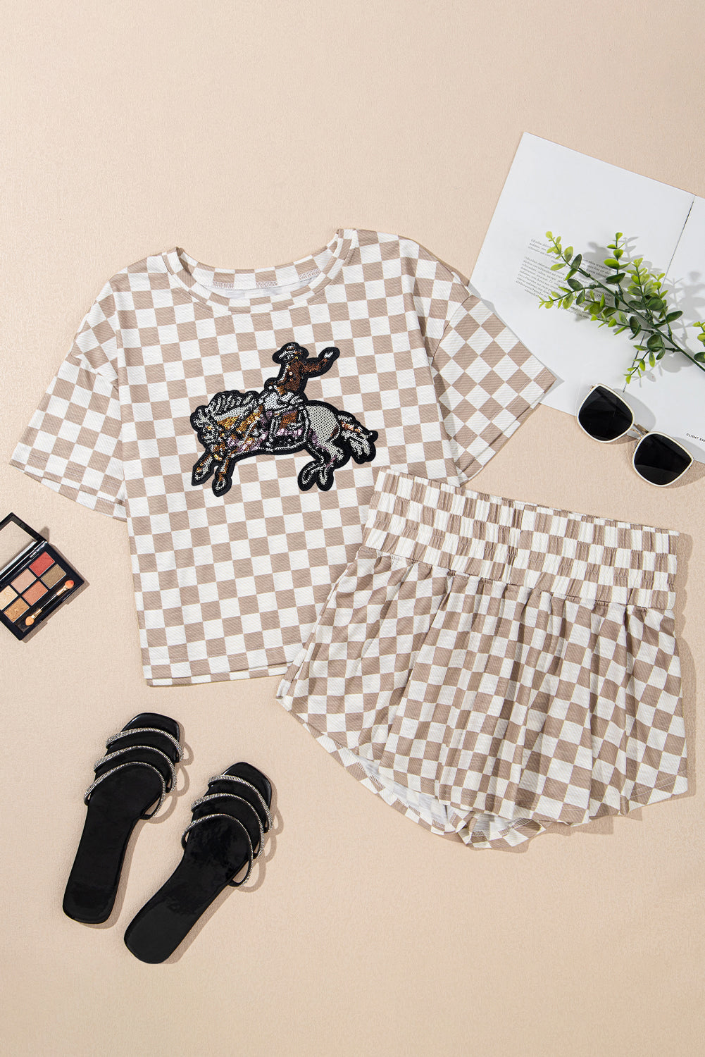 Brown Sequined Rodeo Graphic Checked Cropped Tee and Short Set