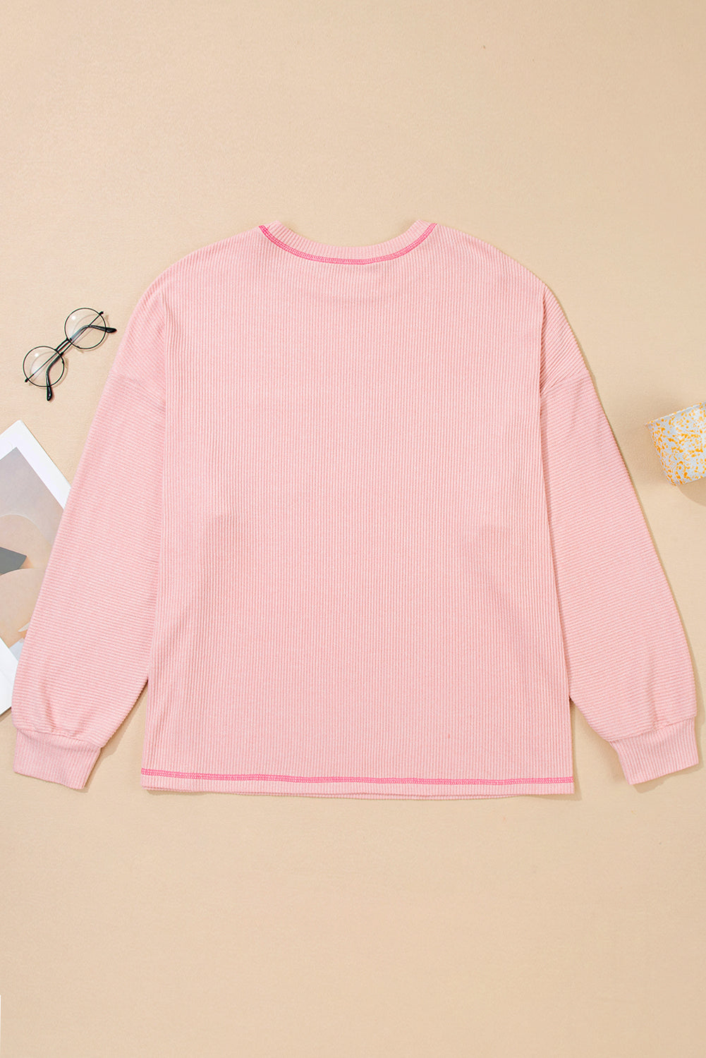 Ribbed Exposed Seam Round Neck Chest Pocket Plus Knit Top