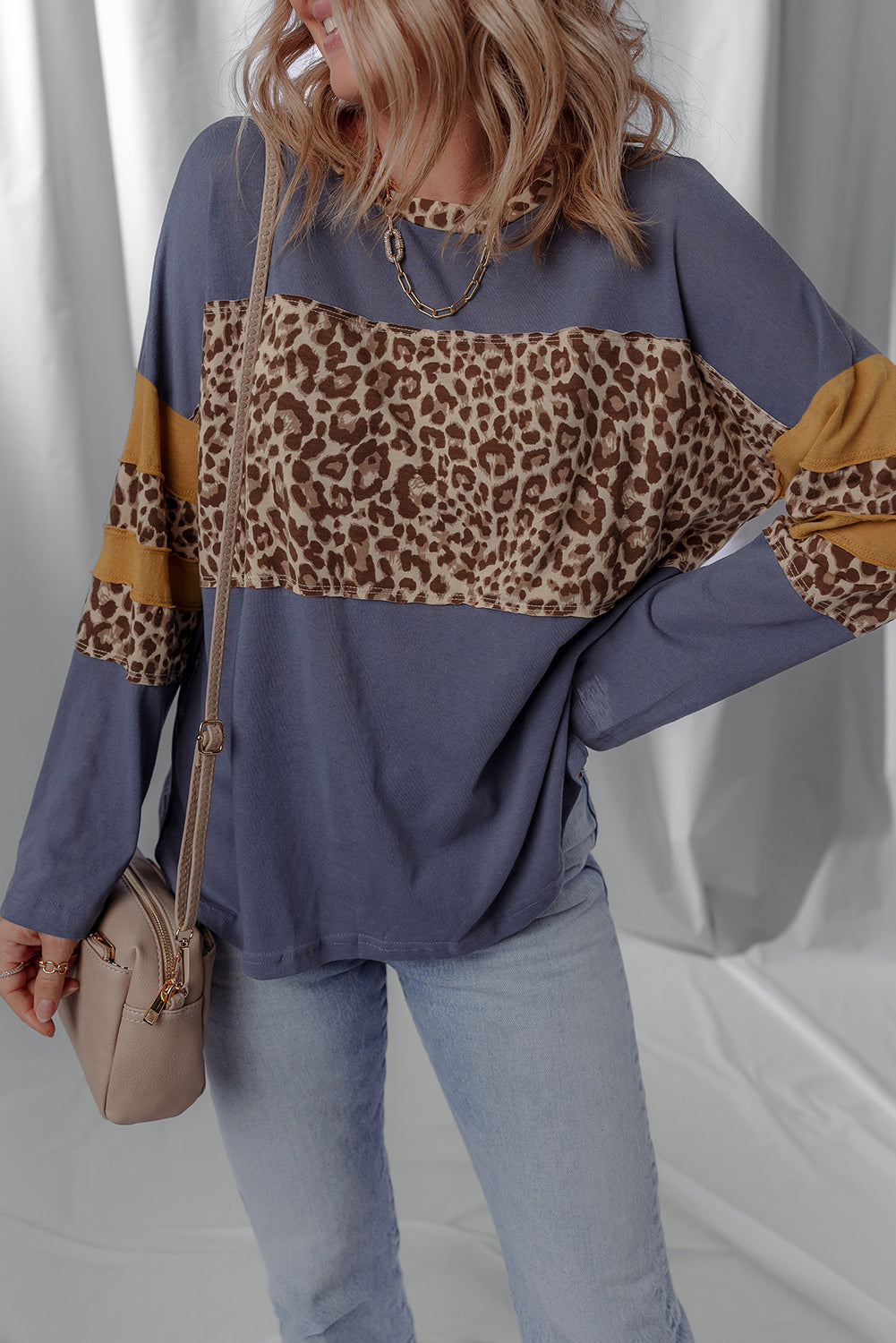 Leopard Colorblock Patchwork Long Sleeve Drop Shoulder Top