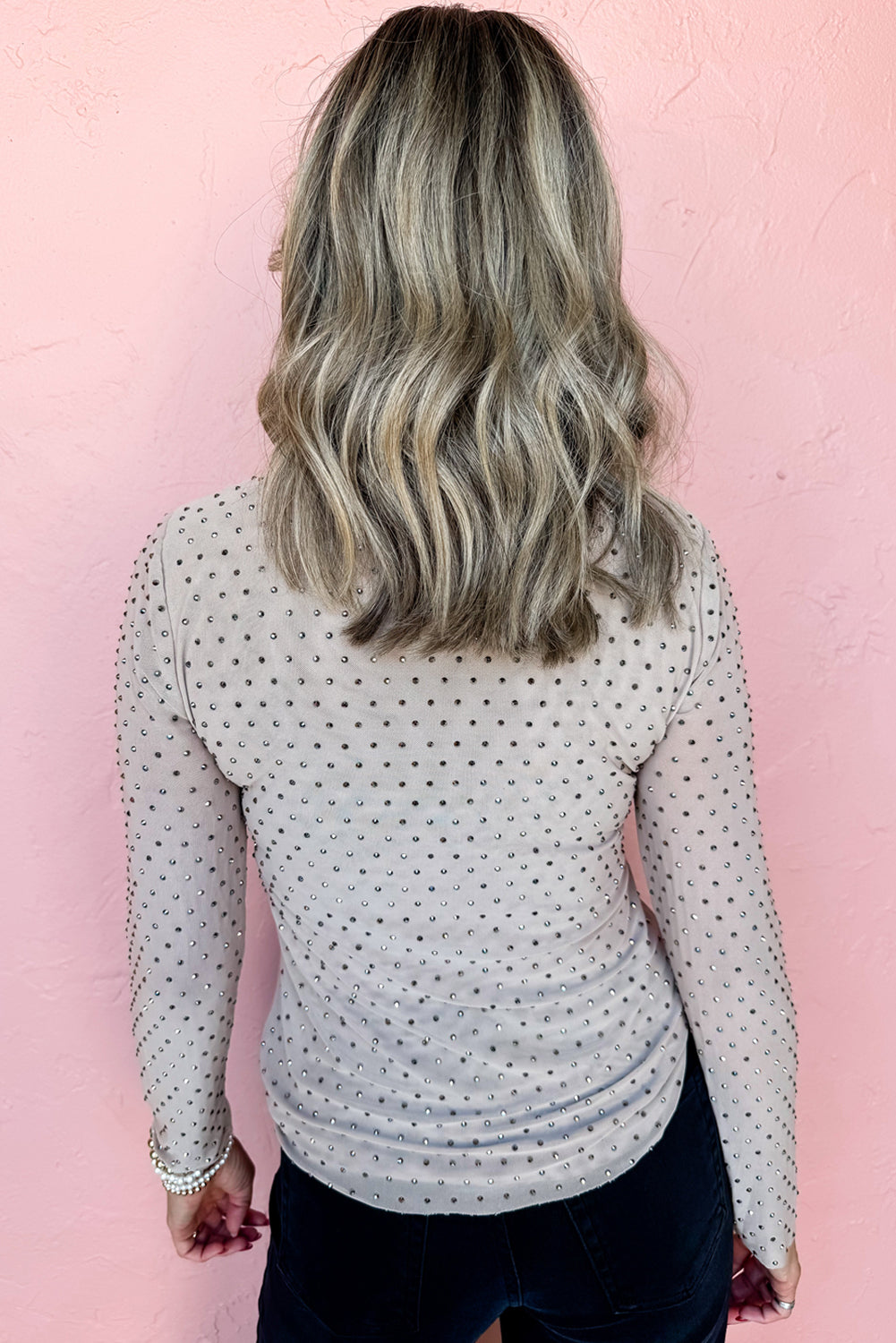 Rhinestone Embellished Mesh Long Sleeve Top