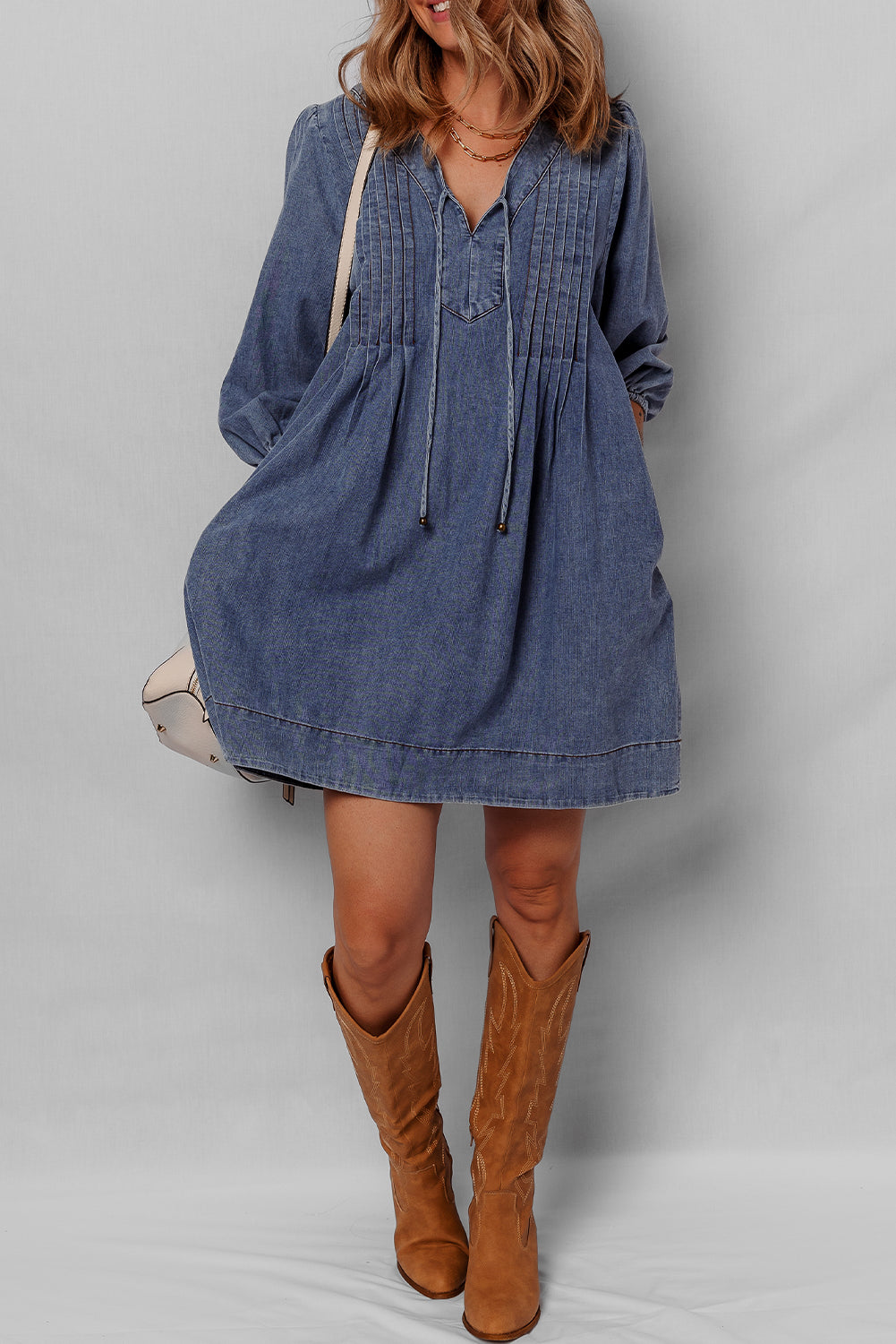 3/4 Sleeve Tied V Neck Pleated Denim Mini Dress