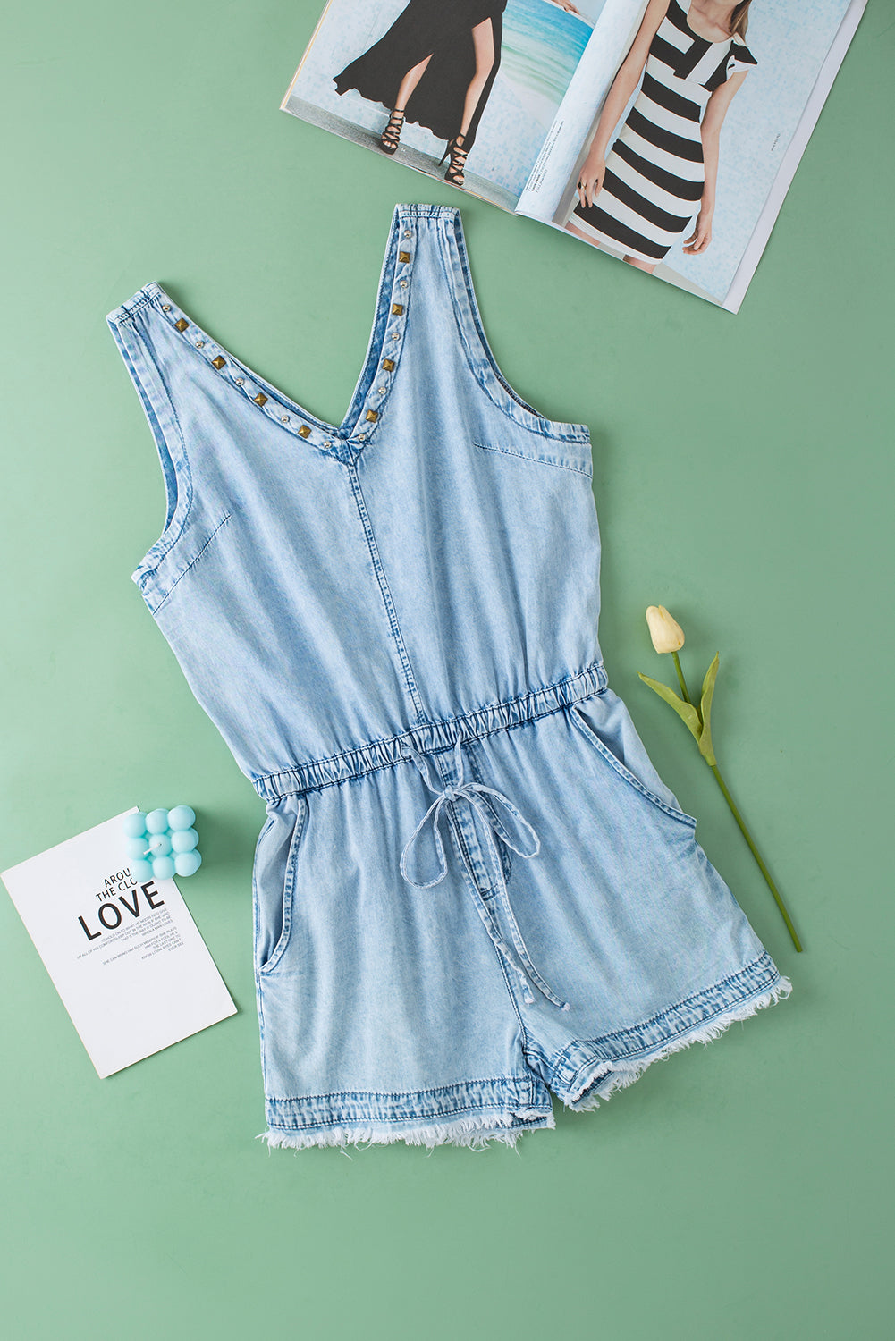 V Neck Raw Hem Denim Romper