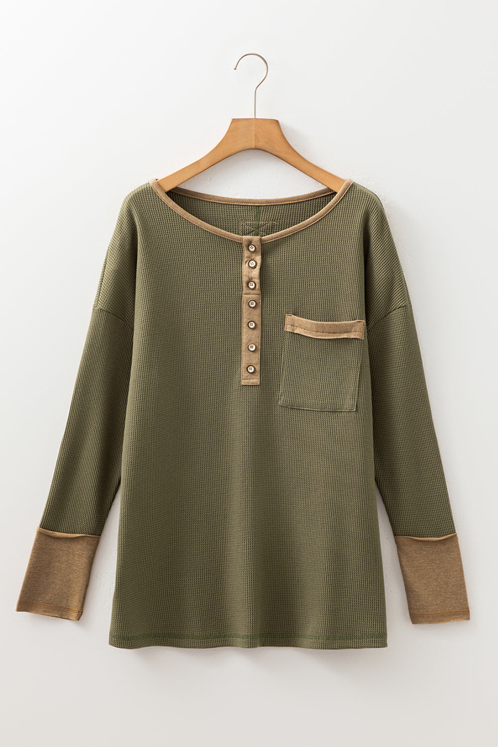 Color Block Waffle Textured Tunic Henley Top with Slits