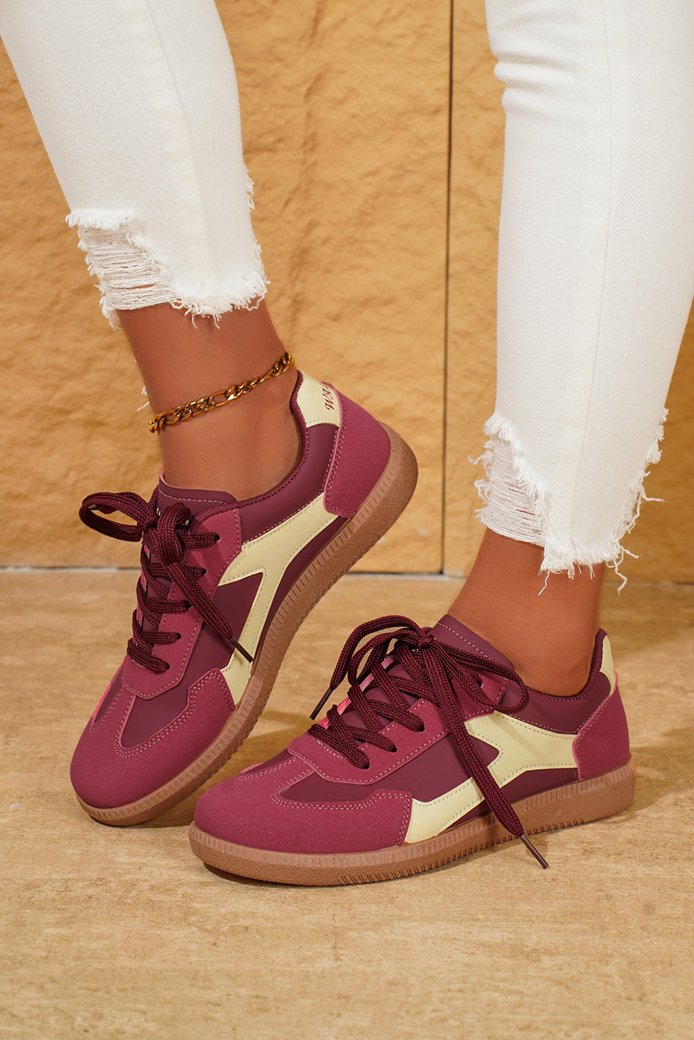 PU Leather Stitched Color Block Casual Lace-Up Sneakers