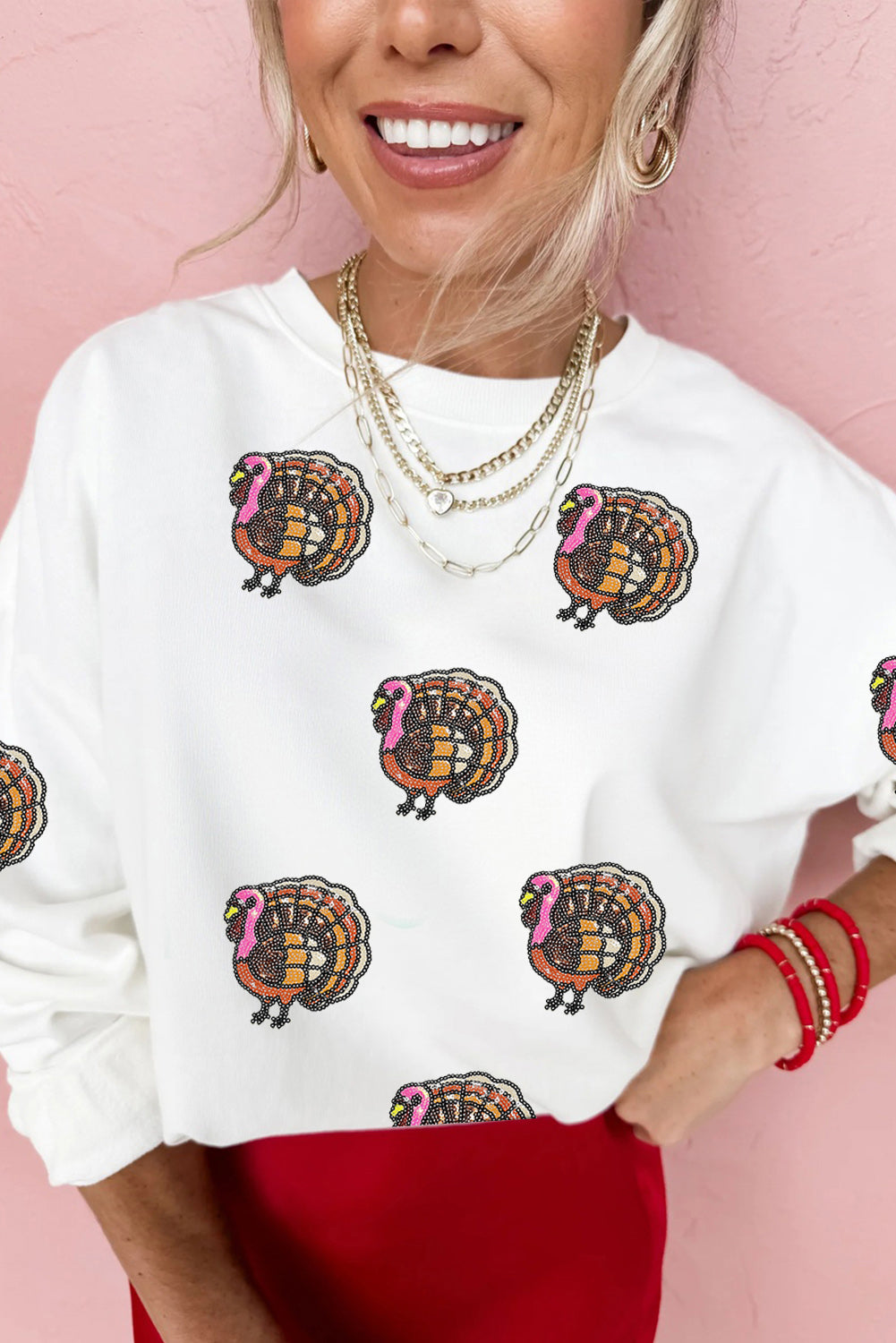 Thanksgiving Turkey Sequin Patched Pullover Sweatshirt