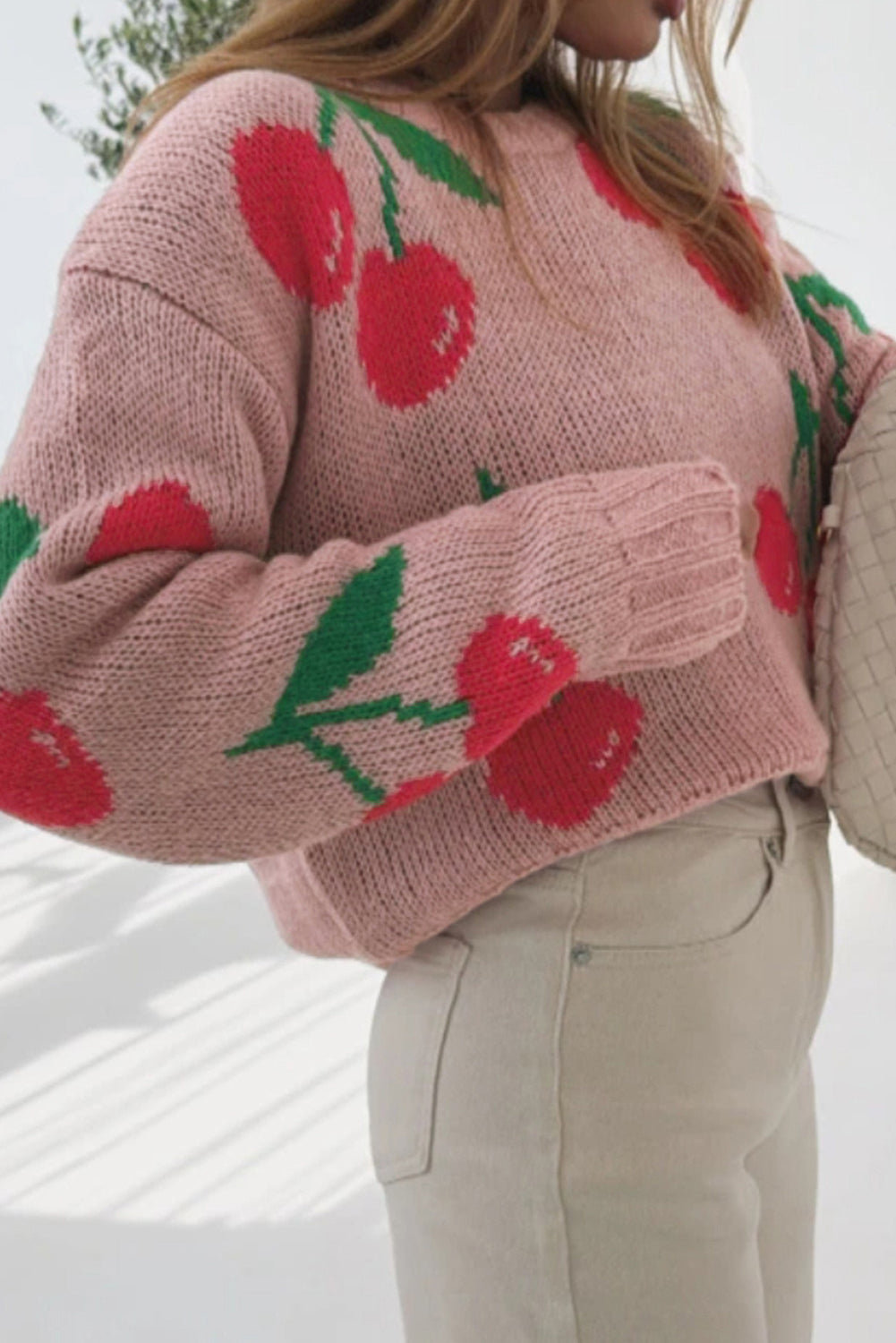 Dainty Cherry Print Loose Cropped Sweater