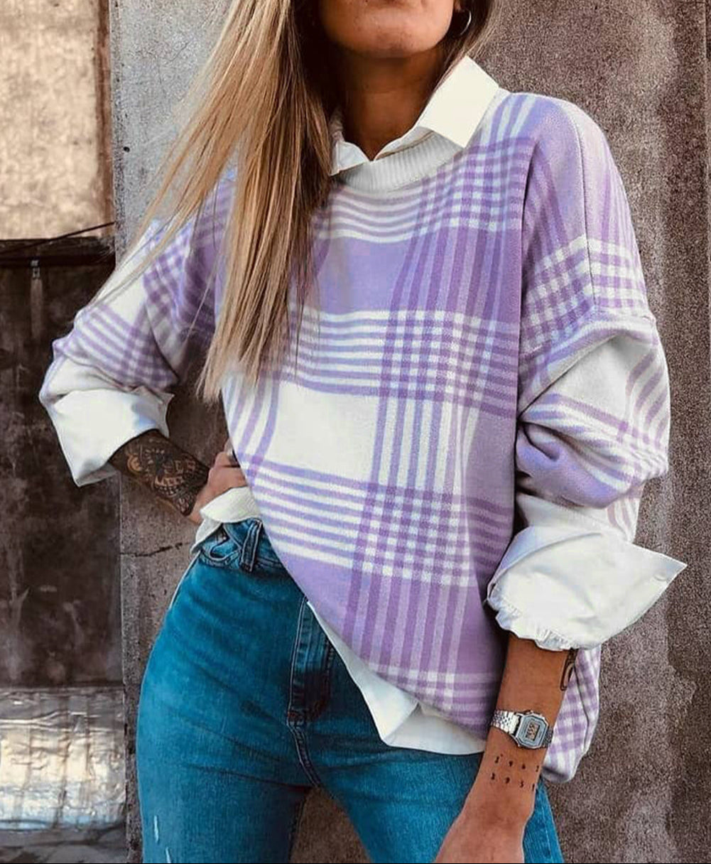 Plaid Print Ribbed Trim Loose Sweater