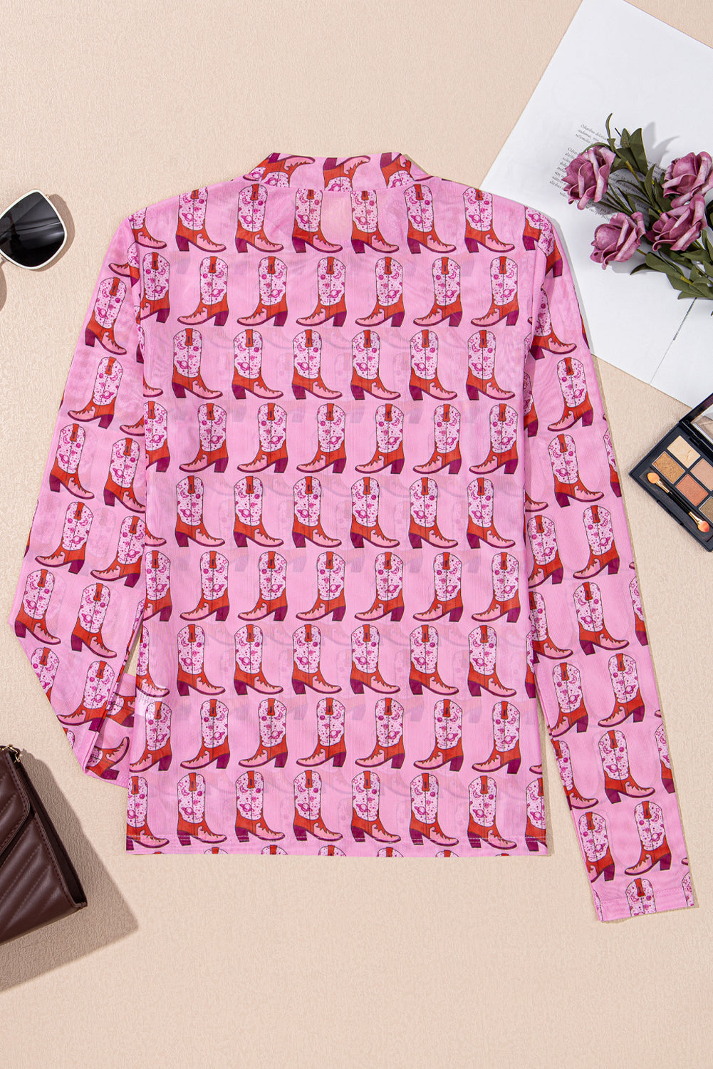 Cowgirl Boots Printed Mock Neck Long Sleeve Mesh Top