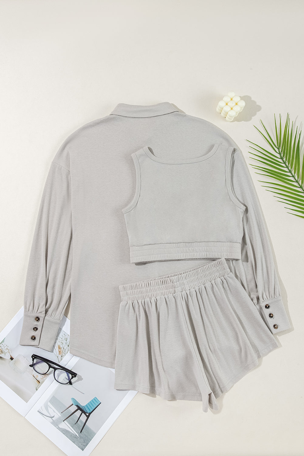 3 Pcs Crop Tank Top Shorts with Cardigan Lounge Set
