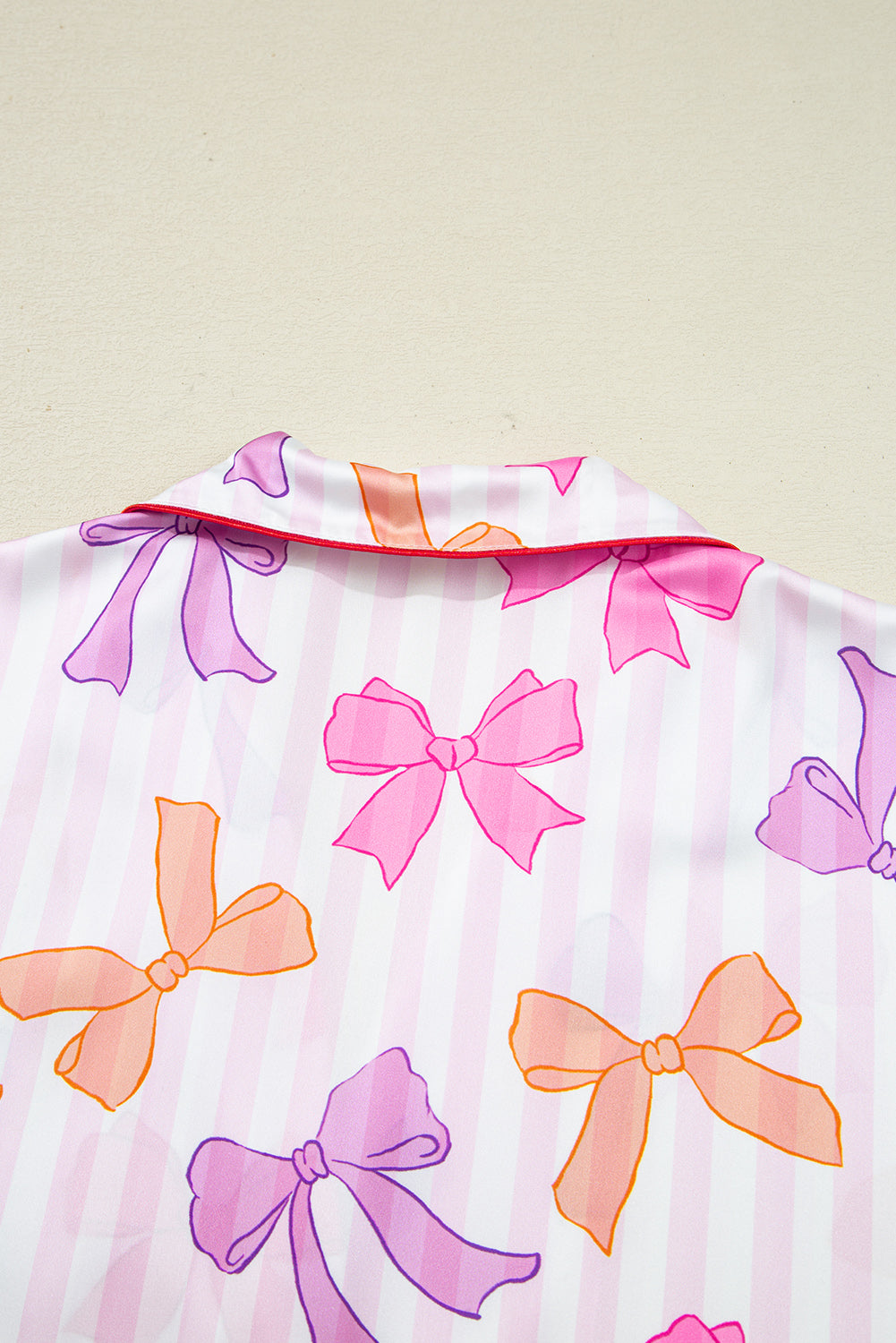 Striped Bow Print Contrast Piping Trim Shirt and Pants 2pcs Pajama Set