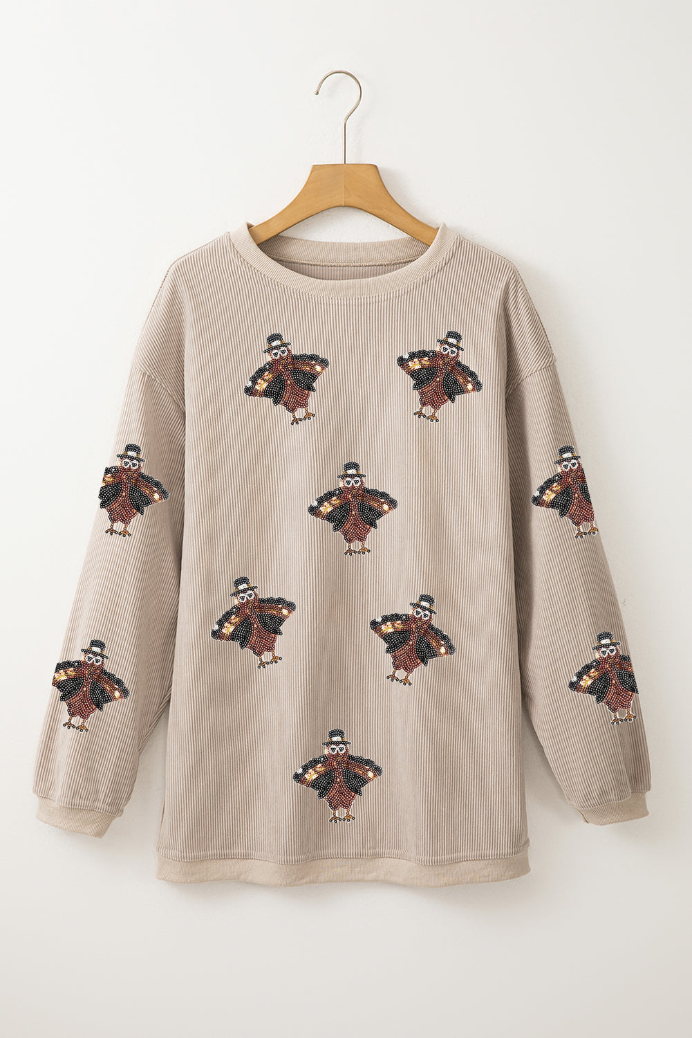 Twisted Ribbed Sequined Thanksgiving Turkey Graphic Baggy Sweatshirt