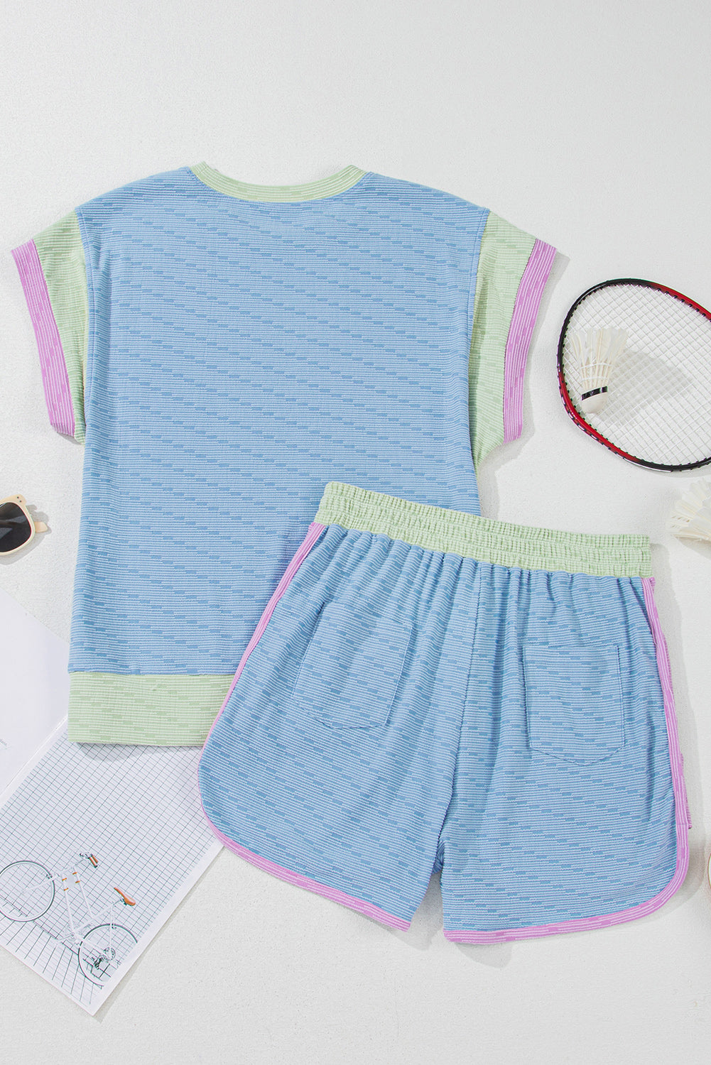 Corded Knit Contrast Trim Round Neck Cap Sleeve 2pcs Short Set