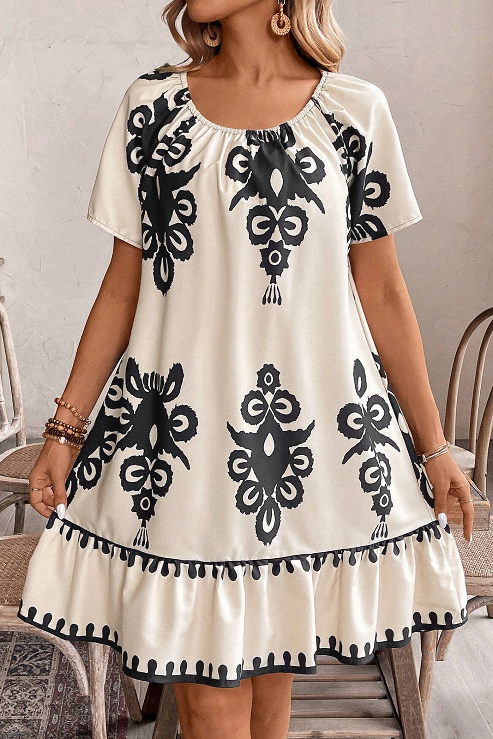 Western Print Ruffled Short Sleeve Loose Dress