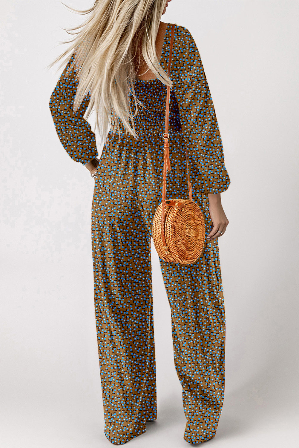 Floral Print Western Smocked Bodice Square Neck Wide Leg Jumpsuit