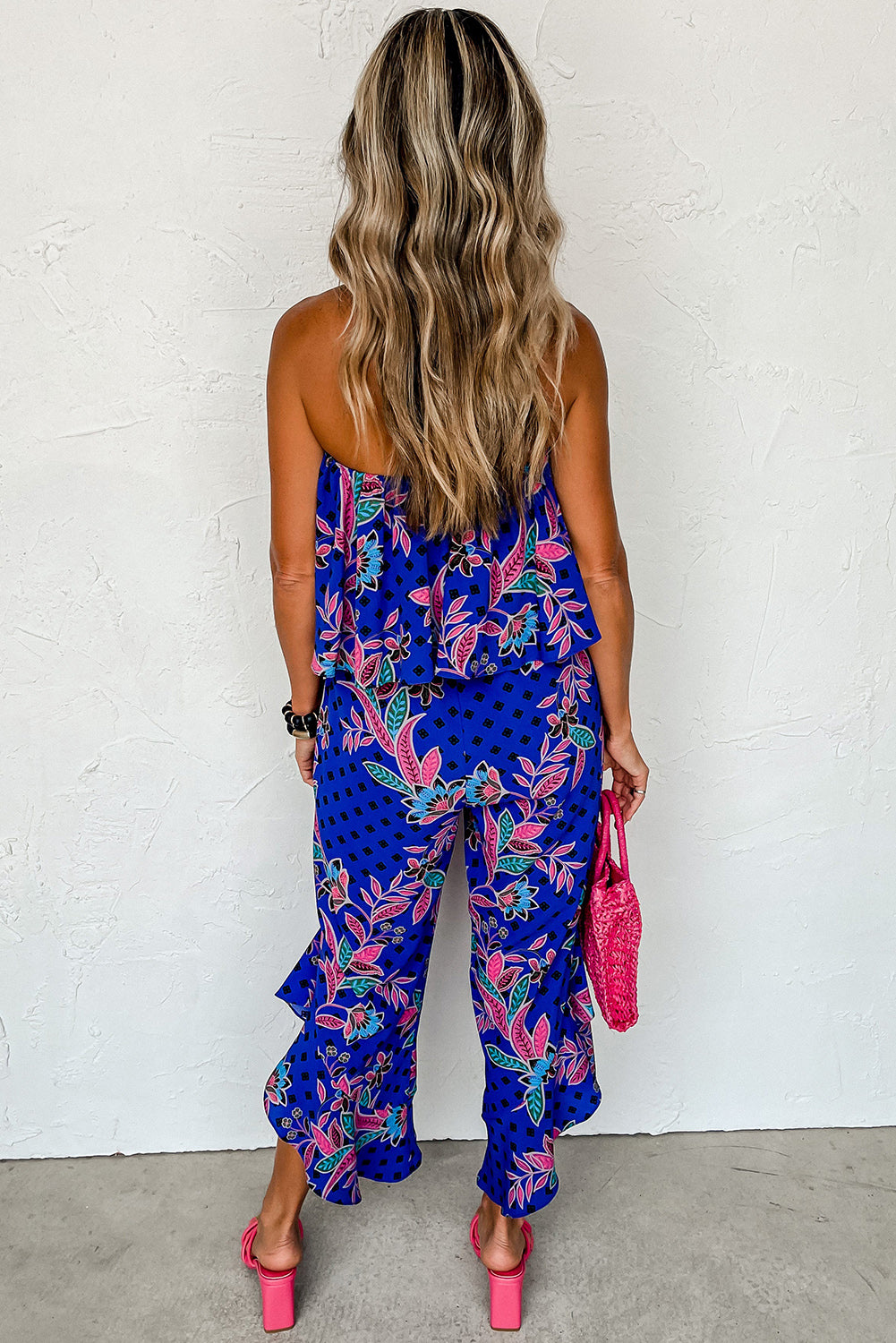 Mix Tropical Strapless Ruffled Jumpsuit