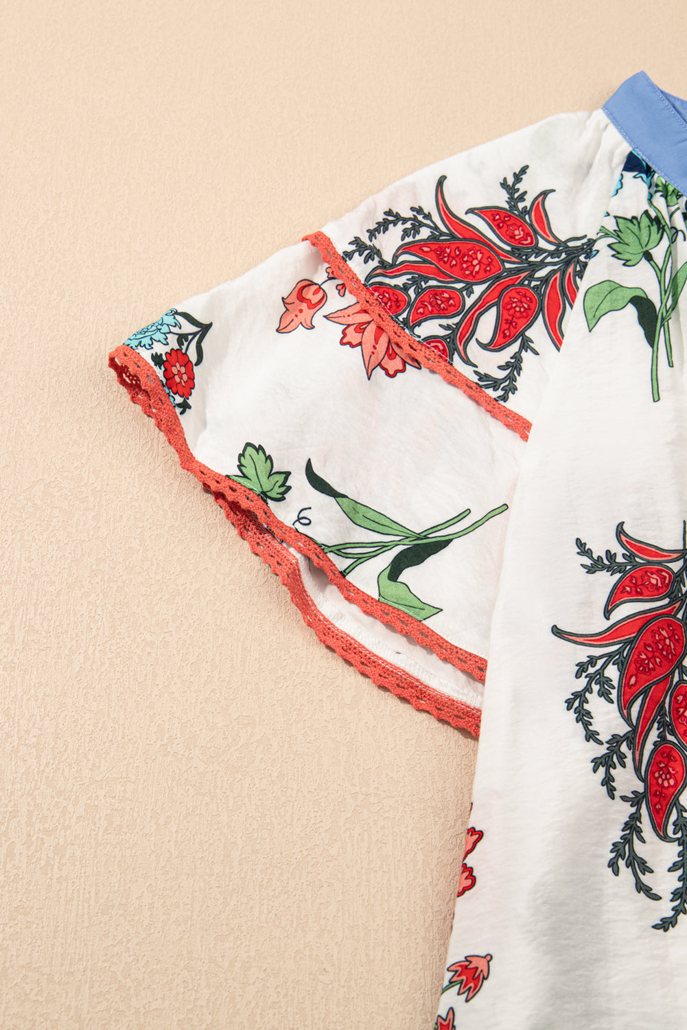 Floral Print Contrast V Neck Tassel Tie Lace Detail Short Sleeve Blouse