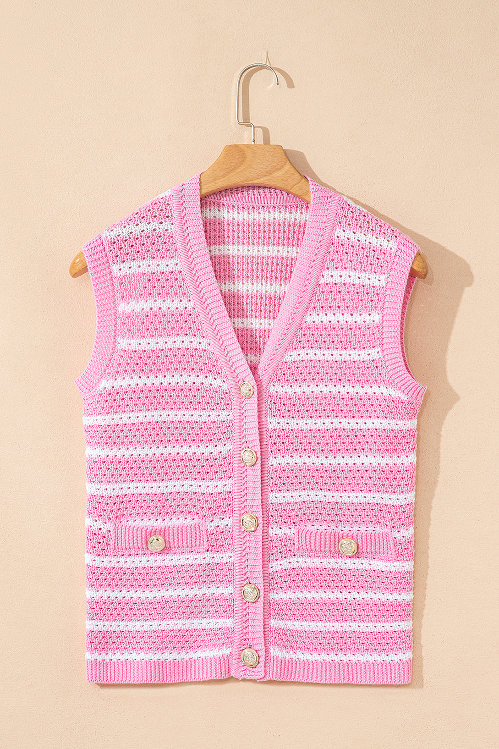Stripe V Neck Gold Buttons Elegant Sweater Vest