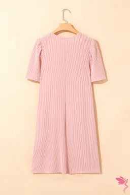 Corded Knit Crew Neck Puff Sleeve Shift Mini Dress
