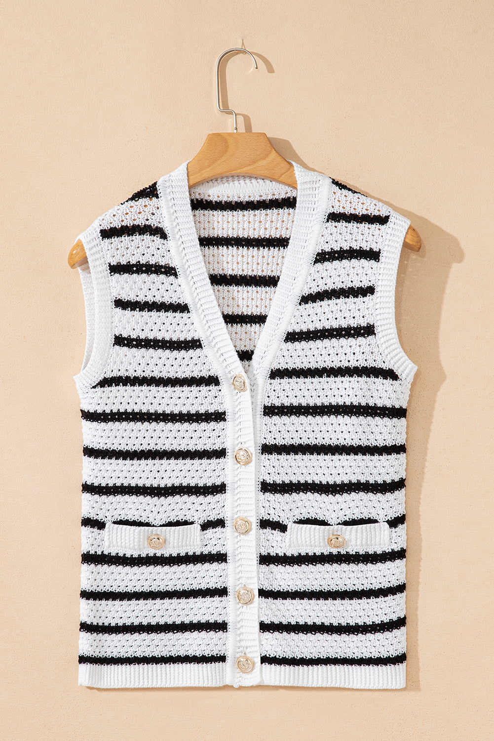 Stripe V Neck Gold Buttons Elegant Sweater Vest