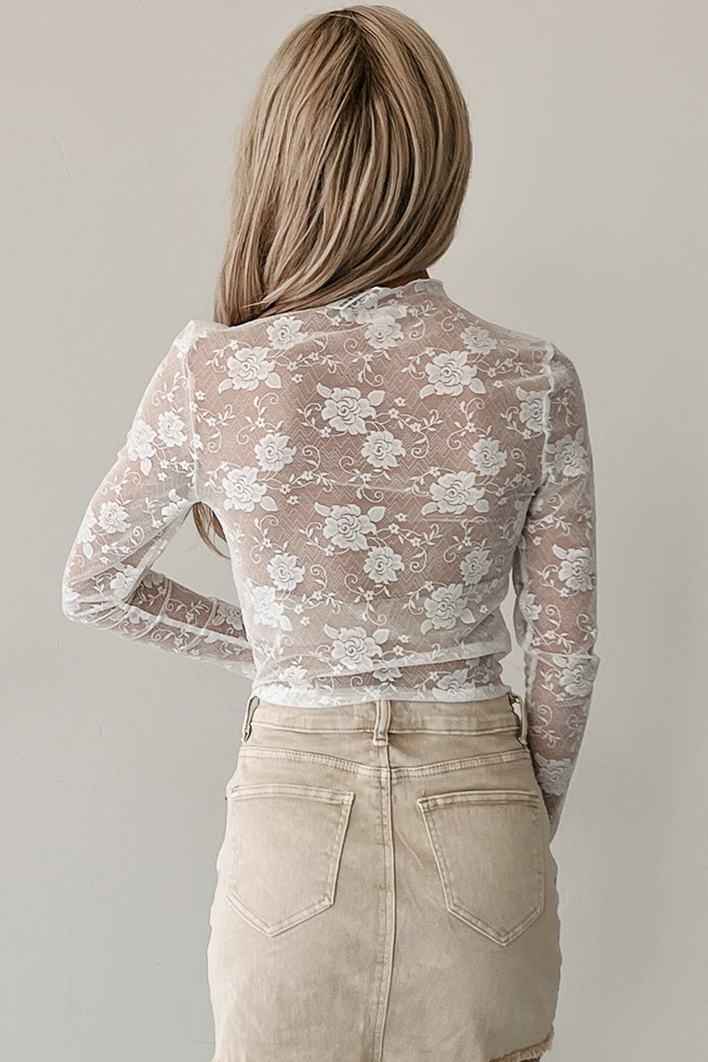 Sheer Floral Lace Mesh Mock Neck Long Sleeve Top