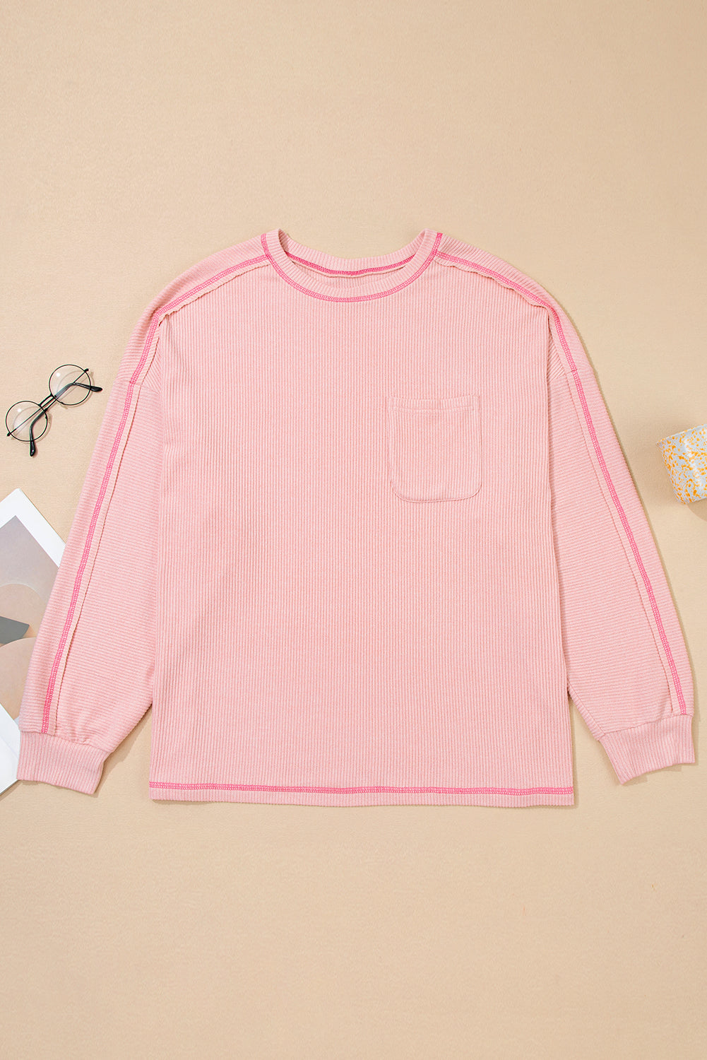 Ribbed Exposed Seam Round Neck Chest Pocket Plus Knit Top