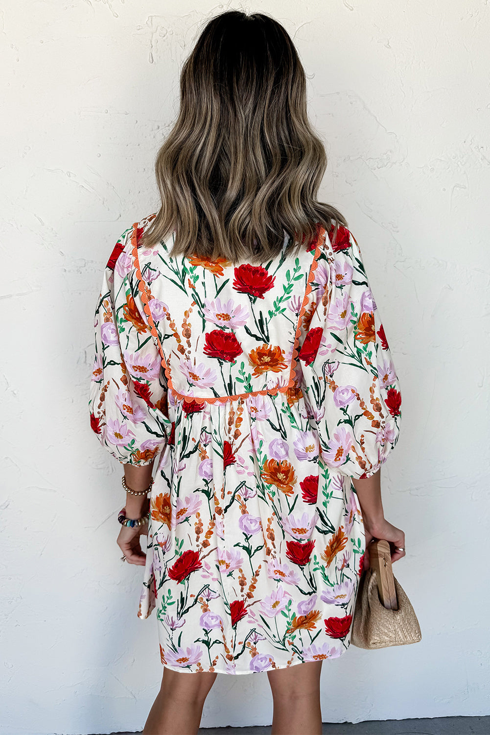 Floral Print 3/4 Puff Sleeve Ricrac Trim Mini Dress