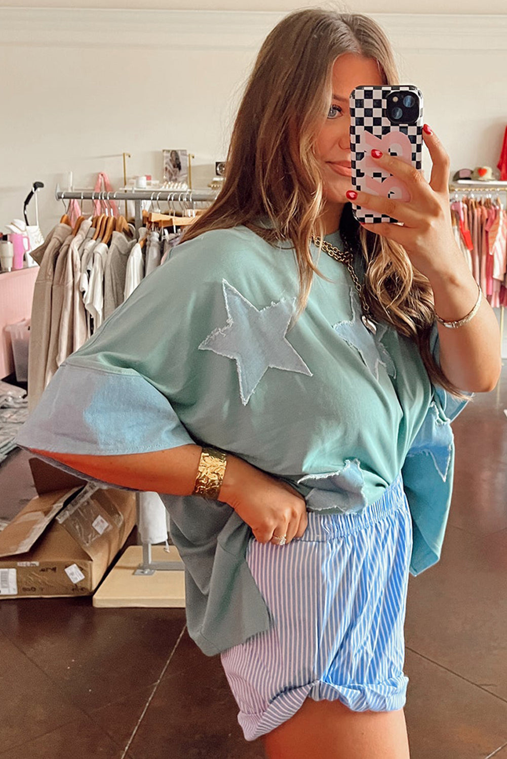 Frayed Denim Star Patched T Shirt