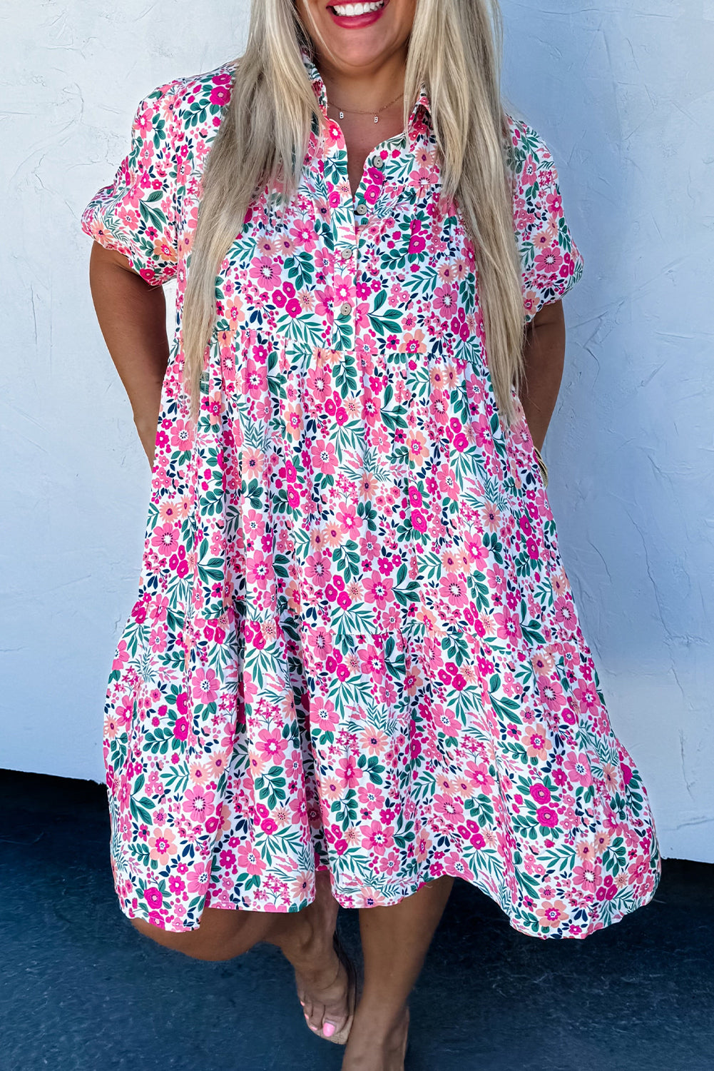 Floral Print Contrast Striped Detail Short Sleeve Blouse