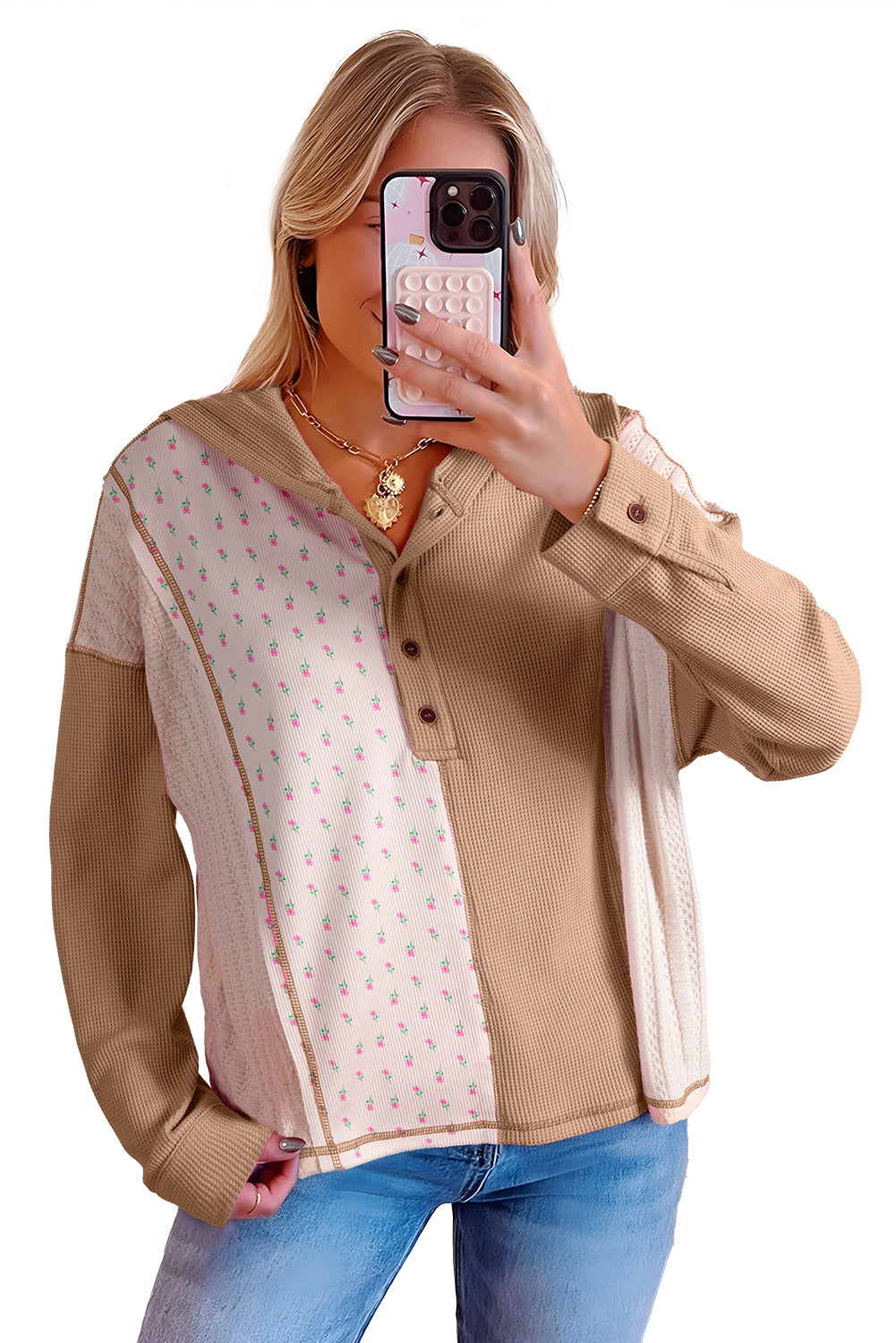 Mixed Texture Waffle Floral Patchwork Hooded Oversize Pullover