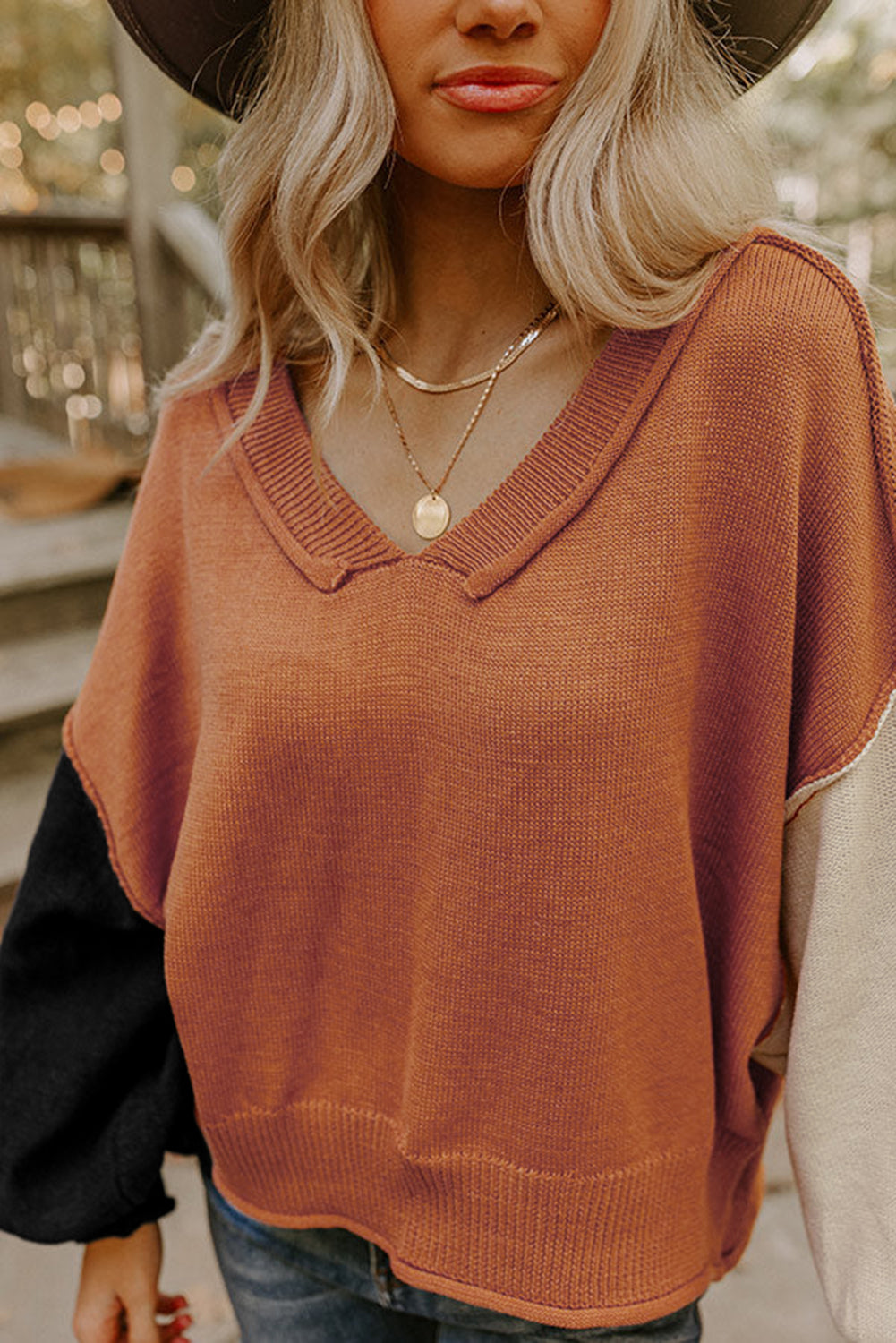 Colorblock Raw Edge Bubble Sleeve V Neck Sweater