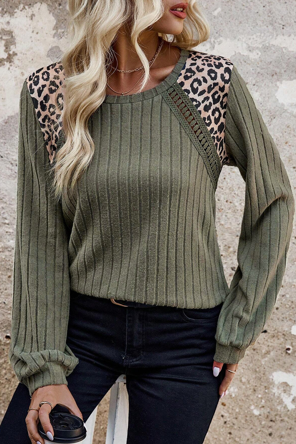 Leopard Print Crochet Patchwork Rib Textured Knit Top