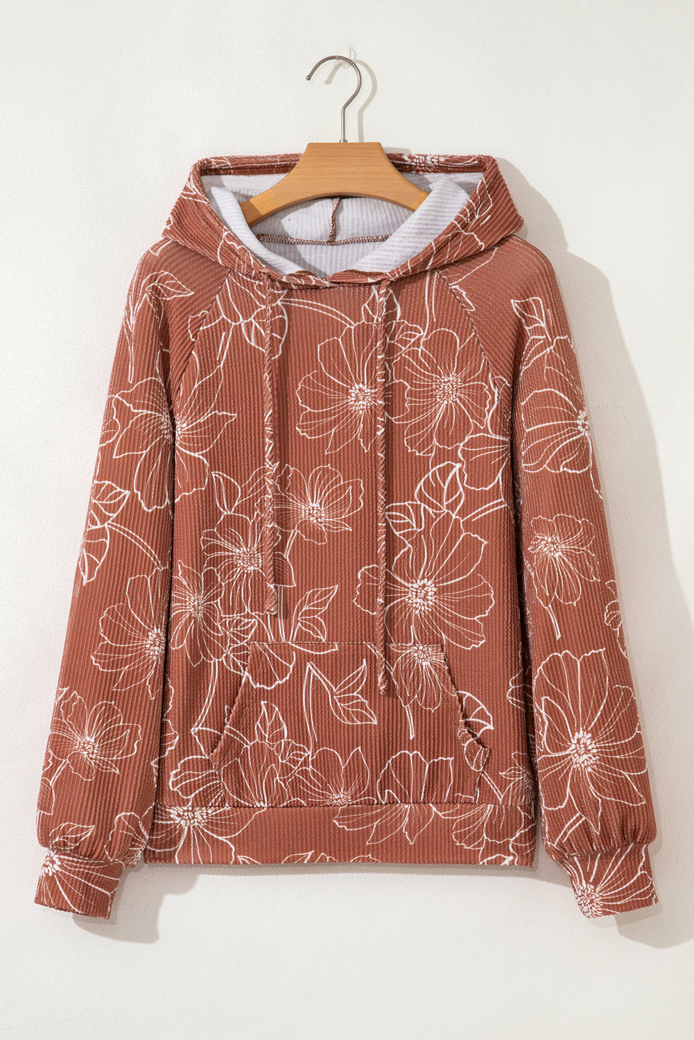 Floral Twisted Rib Drawstring Kangaroo Pocket Hoodie