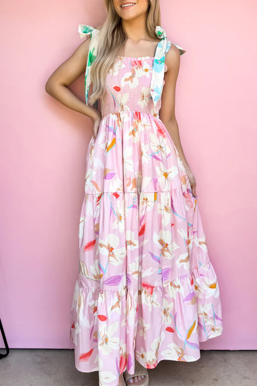 Floral Print Knotted Shoulder Smocked Maxi Dress